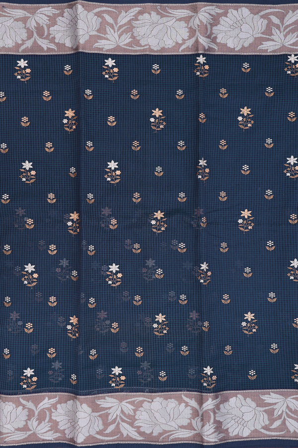 Kota Cotton Saree In Prussian Blue With Floral Buttas