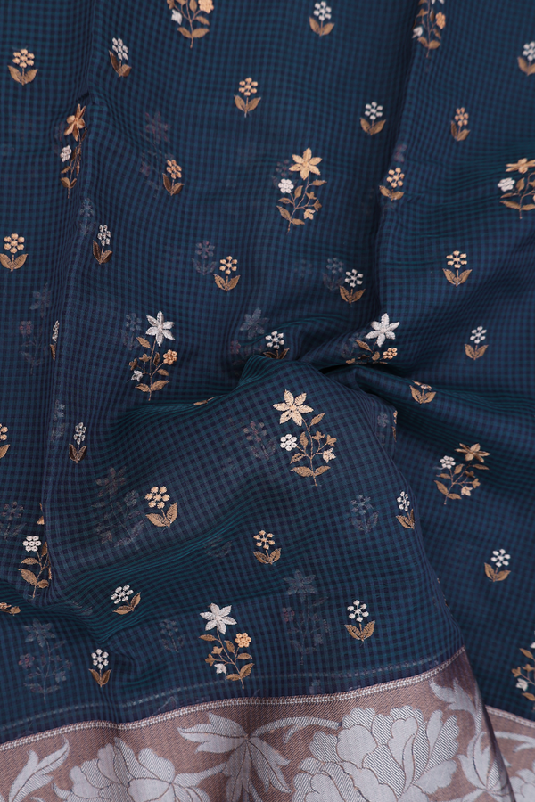 Kota Cotton Saree In Prussian Blue With Floral Buttas