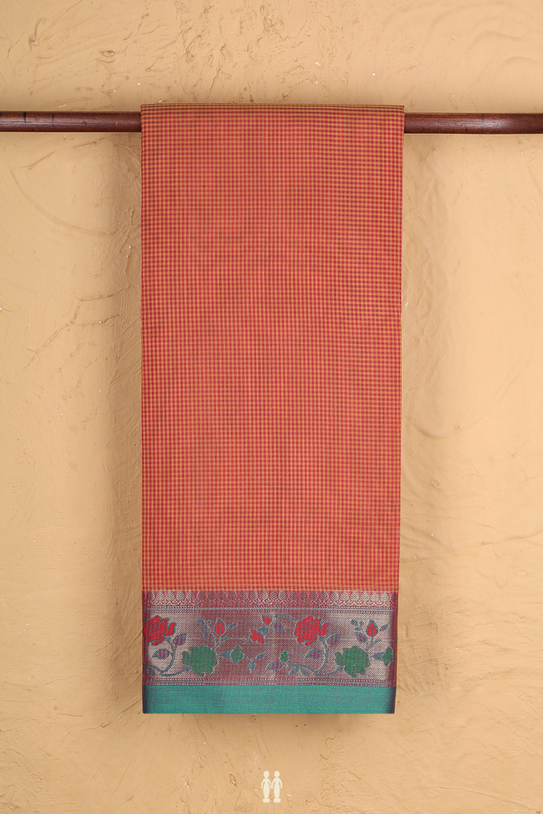 Kota Cotton Saree In Coral Pink With Checks Design