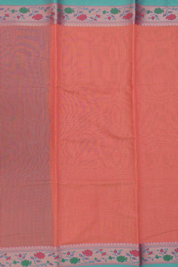 Kota Cotton Saree In Coral Pink With Checks Design