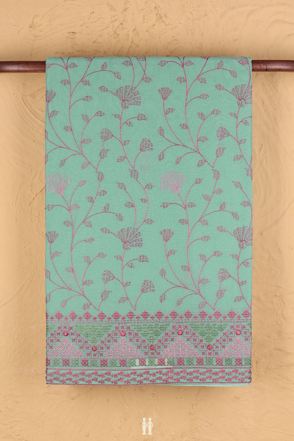 Hyderabad Cotton Saree In Turkish Green With Floral Design