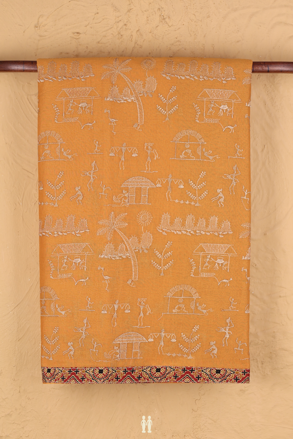 Hyderabad Cotton Saree In Ochre Orange With Warli Design