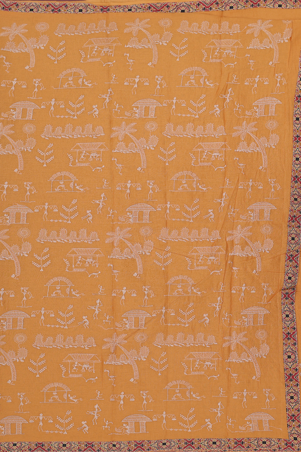 Hyderabad Cotton Saree In Ochre Orange With Warli Design