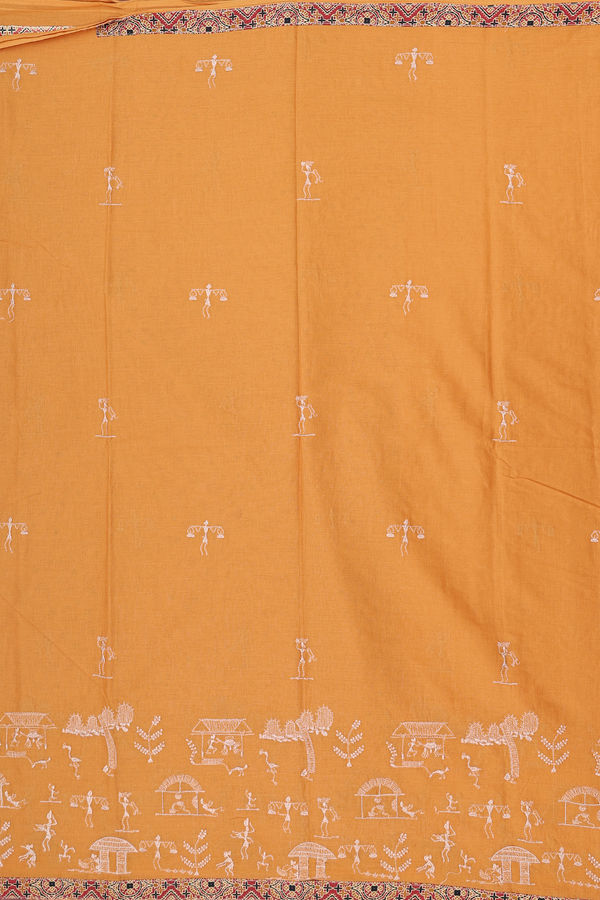 Hyderabad Cotton Saree In Ochre Orange With Warli Design