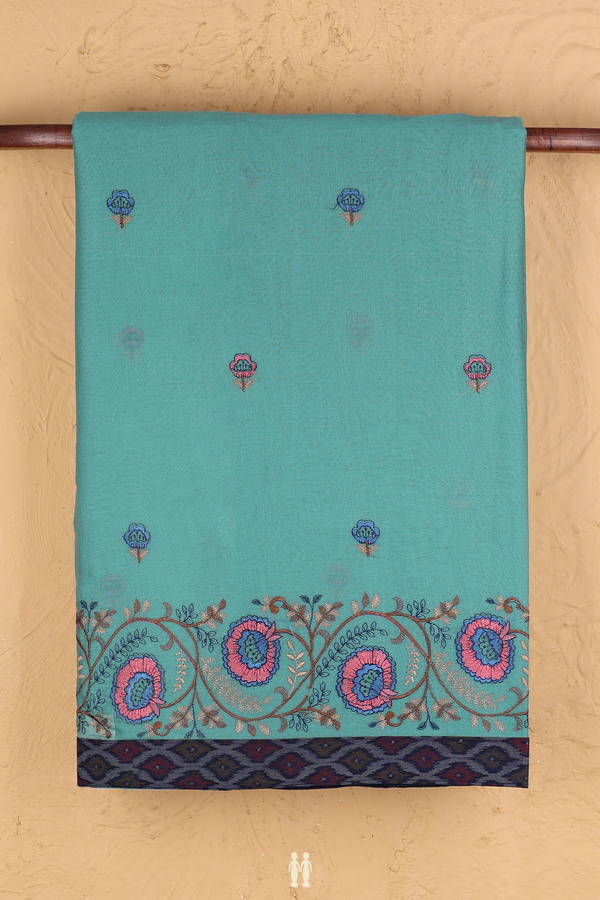 Hyderabad Cotton Saree In Turkish Blue With Floral Buttas