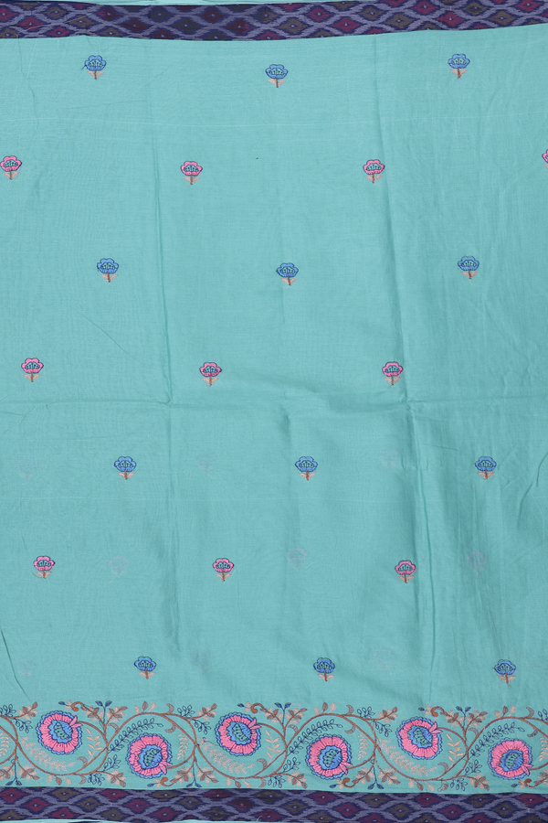 Hyderabad Cotton Saree In Turkish Blue With Floral Buttas