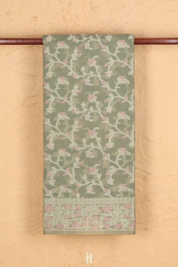 Kota Cotton Saree In Sage Green With Floral Design