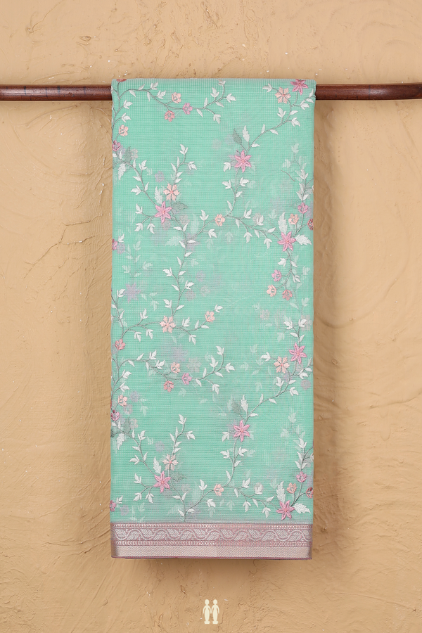Kota Cotton Saree In Mint Blue With Floral Embroidered Design