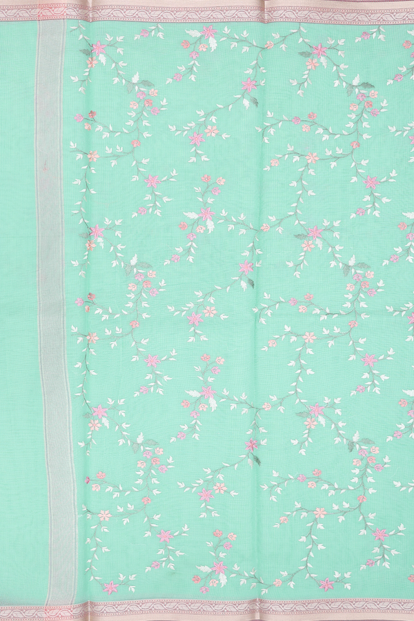 Kota Cotton Saree In Mint Blue With Floral Embroidered Design