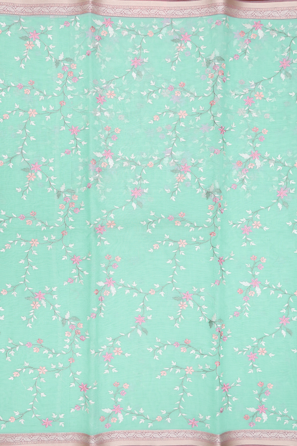 Kota Cotton Saree In Mint Blue With Floral Embroidered Design