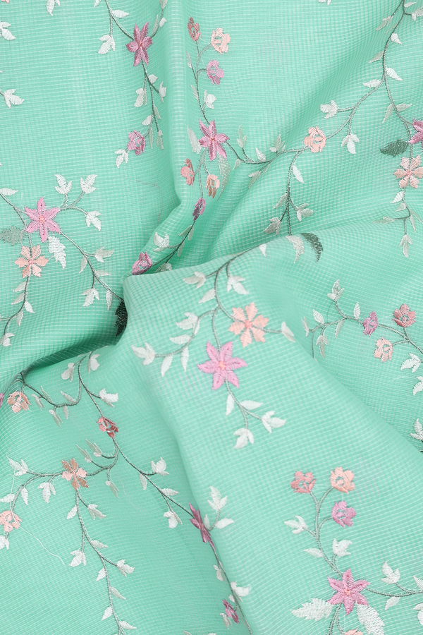 Kota Cotton Saree In Mint Blue With Floral Embroidered Design