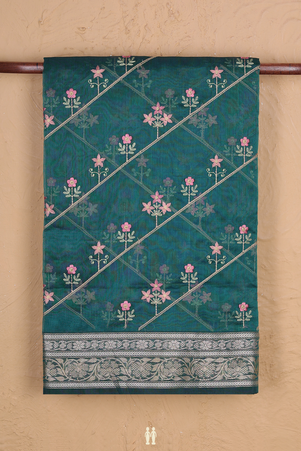 Kota Cotton Saree In Dark Green With Diagonal Design