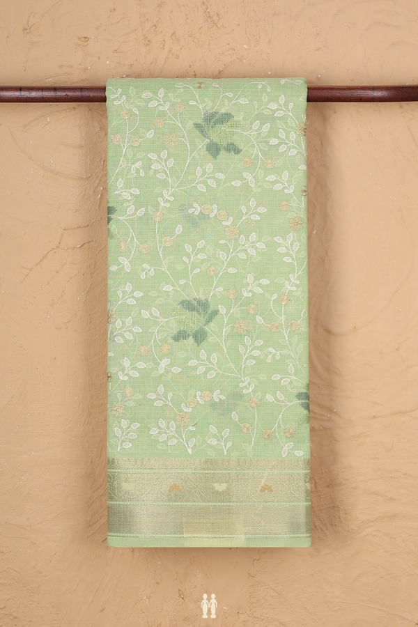Kota Cotton Saree In Pastel Green With Embroidered Design