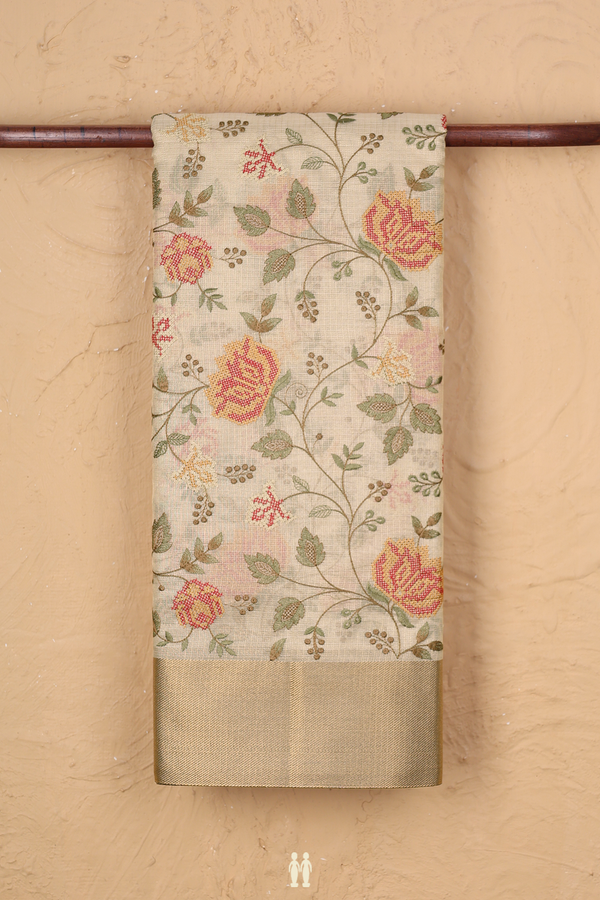Kota Cotton Saree In Tissue Cream With Embroidered Design