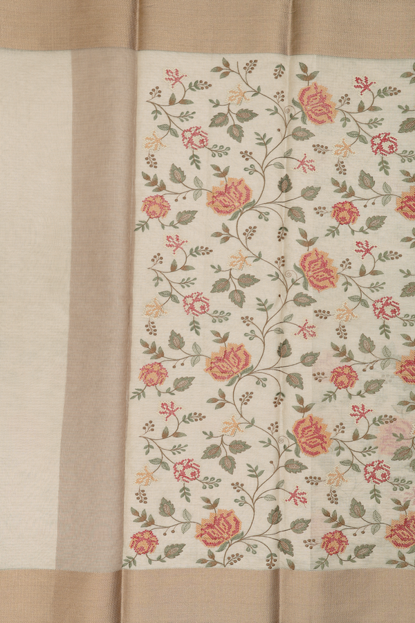 Kota Cotton Saree In Tissue Cream With Embroidered Design