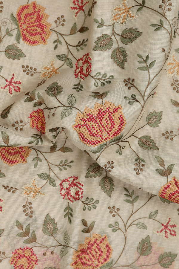 Kota Cotton Saree In Tissue Cream With Embroidered Design