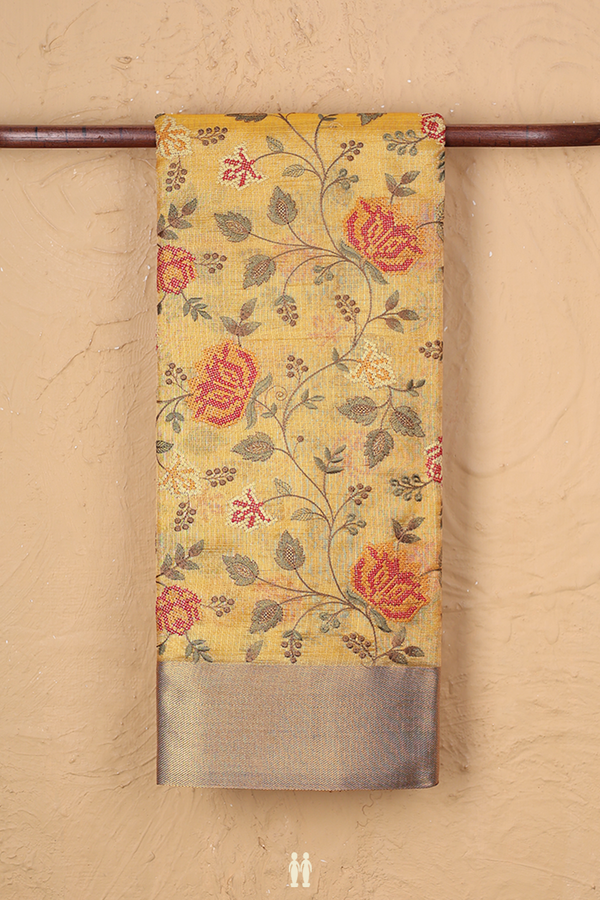 Kota Cotton Saree In Yellow With Embroidered Design