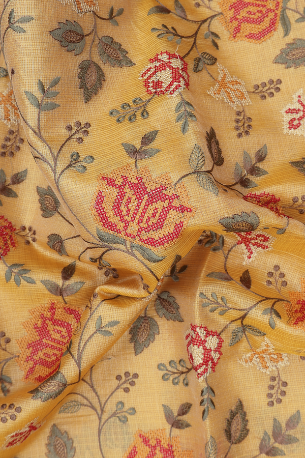 Kota Cotton Saree In Yellow With Embroidered Design