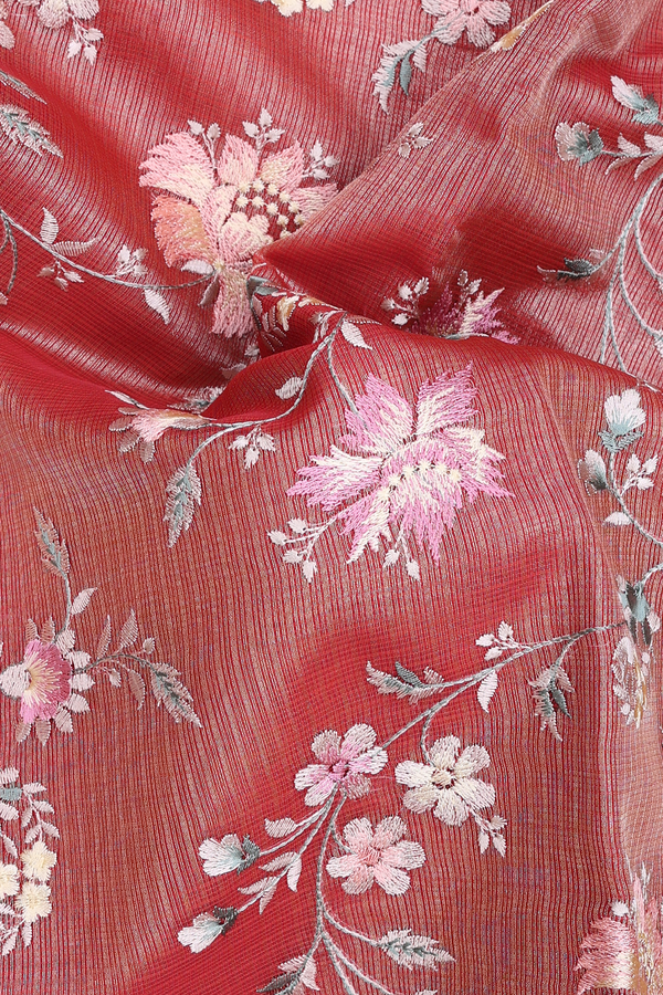 Kota Cotton Saree In Brick Red With Floral Design
