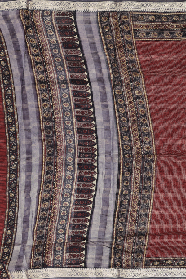 Chanderi Cotton Saree In Maroon With Stripes Design