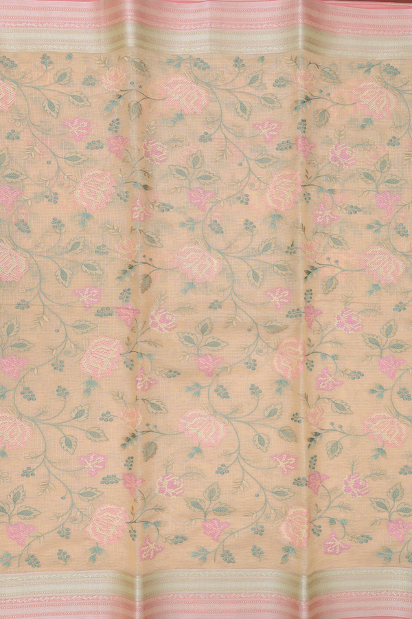 Kota Cotton Saree In Light Yellow With Floral Design