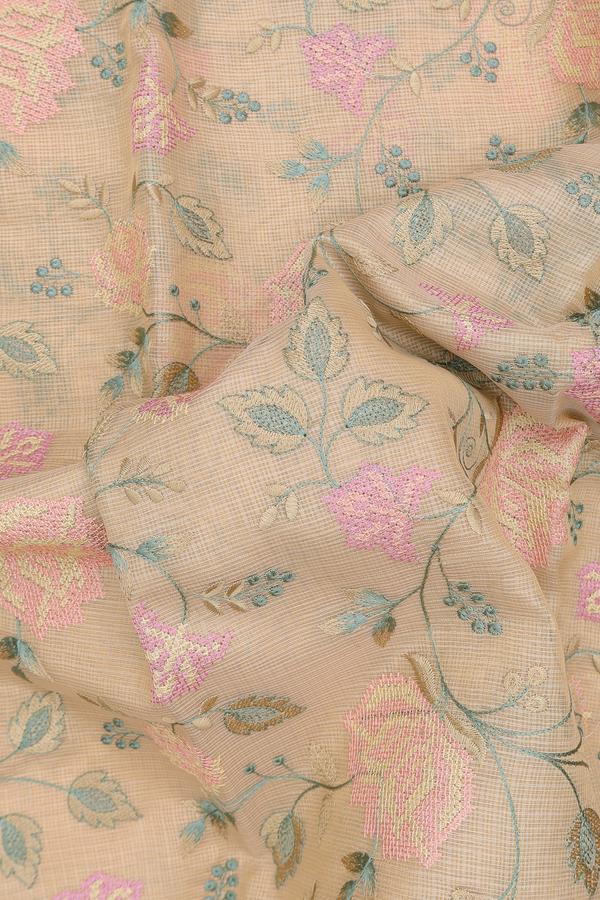 Kota Cotton Saree In Light Yellow With Floral Design