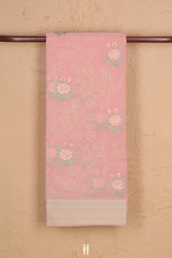 Kota Cotton Saree In Pink With Floral Embroidered Design