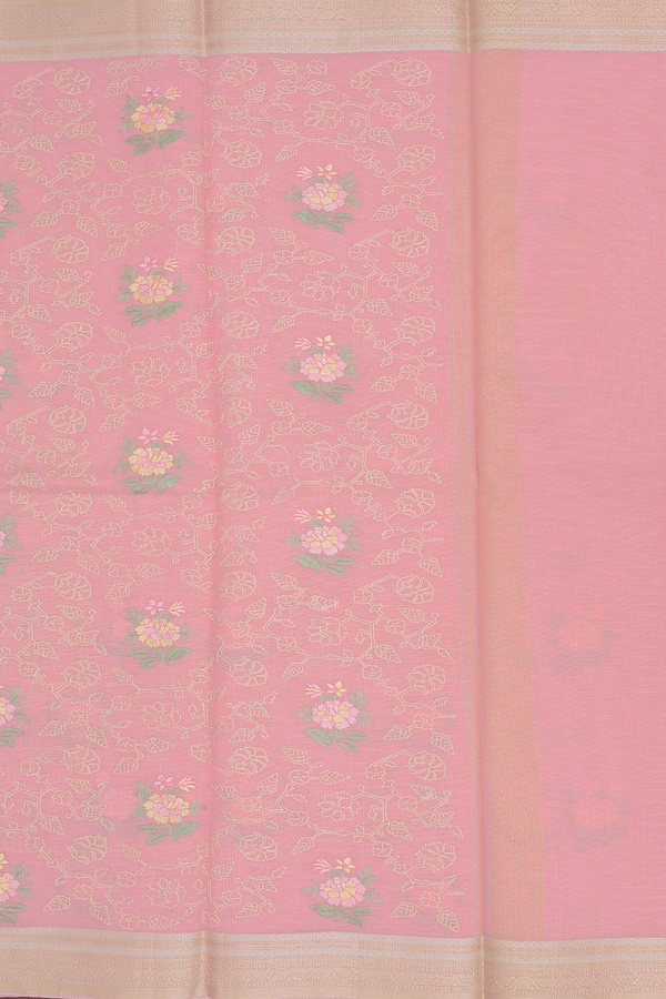 Kota Cotton Saree In Pink With Floral Embroidered Design