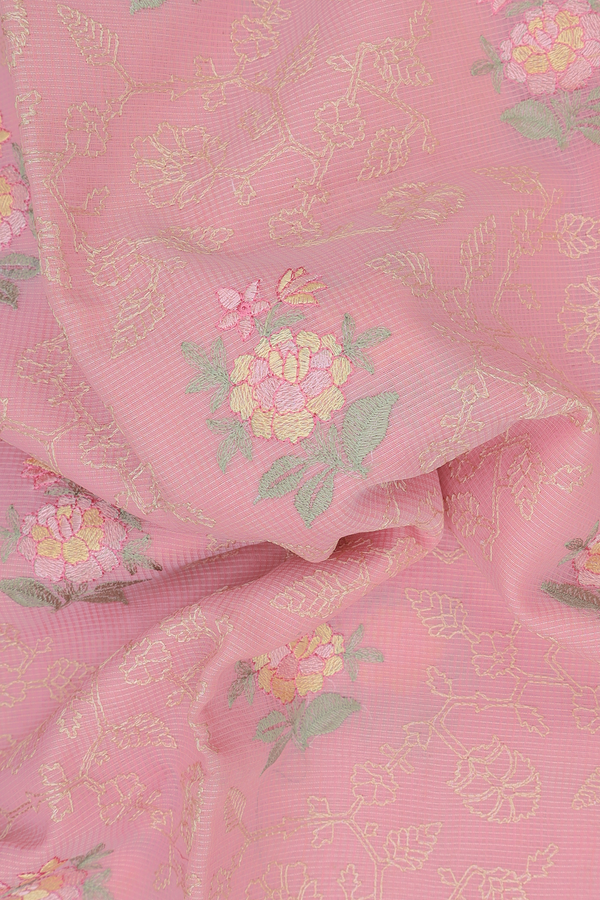 Kota Cotton Saree In Pink With Floral Embroidered Design