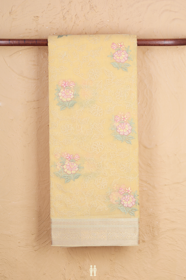 Kota Cotton Saree In Light Yellow With Floral Design