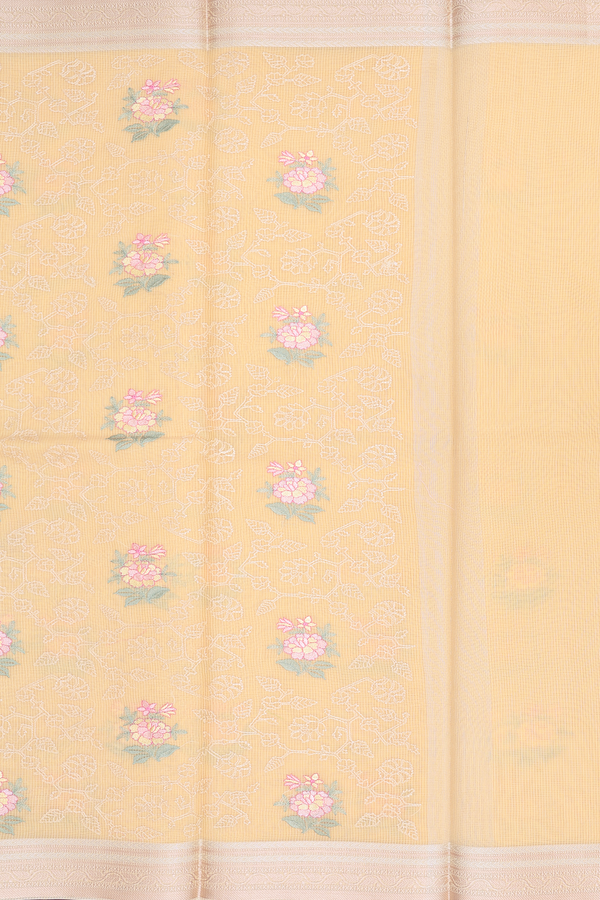 Kota Cotton Saree In Light Yellow With Floral Design