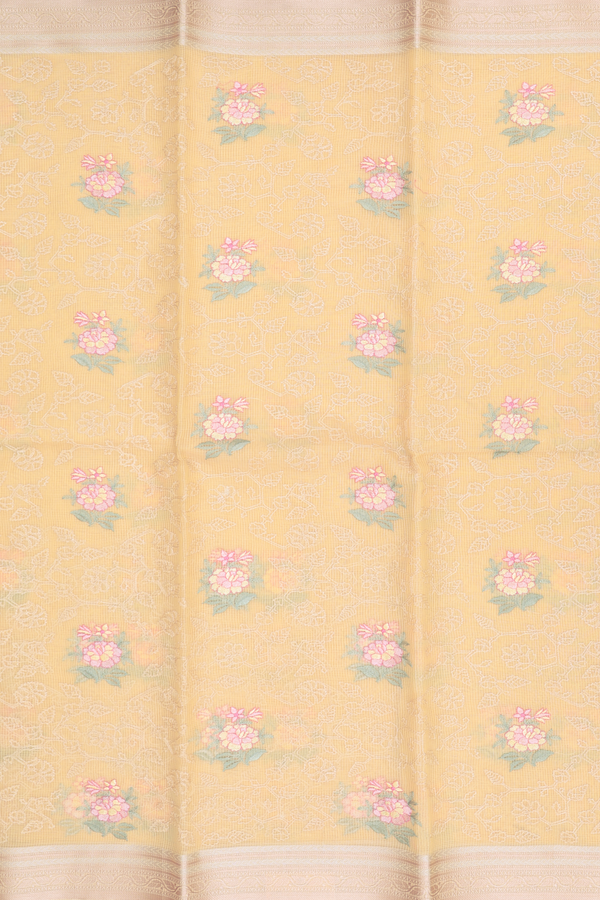Kota Cotton Saree In Light Yellow With Floral Design