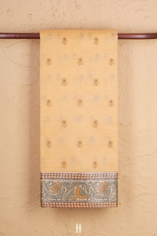 Kota Cotton Saree In Orange Along Stripes With Buttas