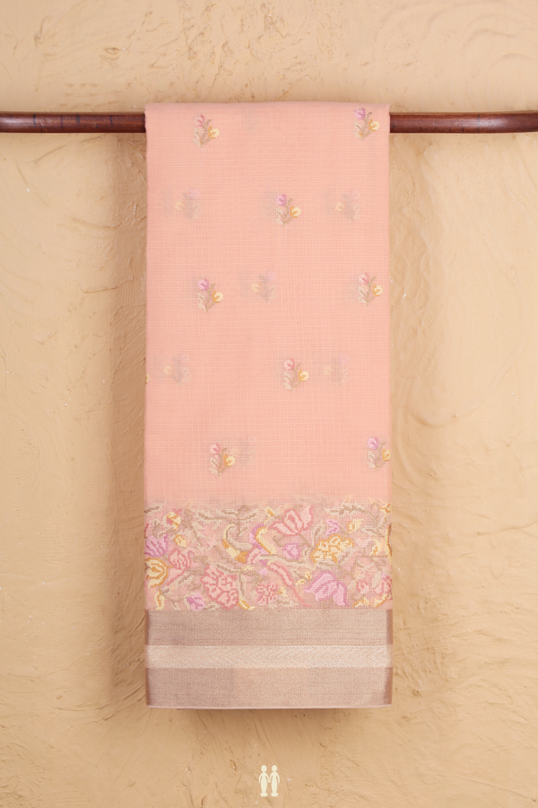 Kota Cotton Saree In Peach Pink With Floral Buttas