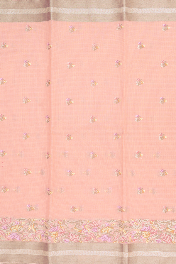 Kota Cotton Saree In Peach Pink With Floral Buttas