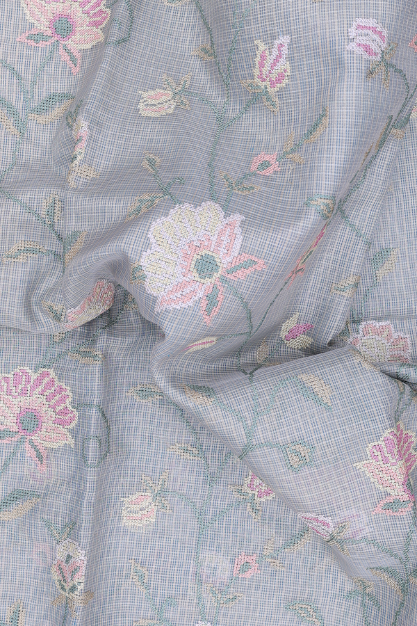Kota Cotton Saree In Light Blue With Floral Design