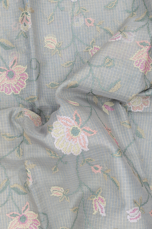 Kota Cotton Saree In Light Blue With Floral Design