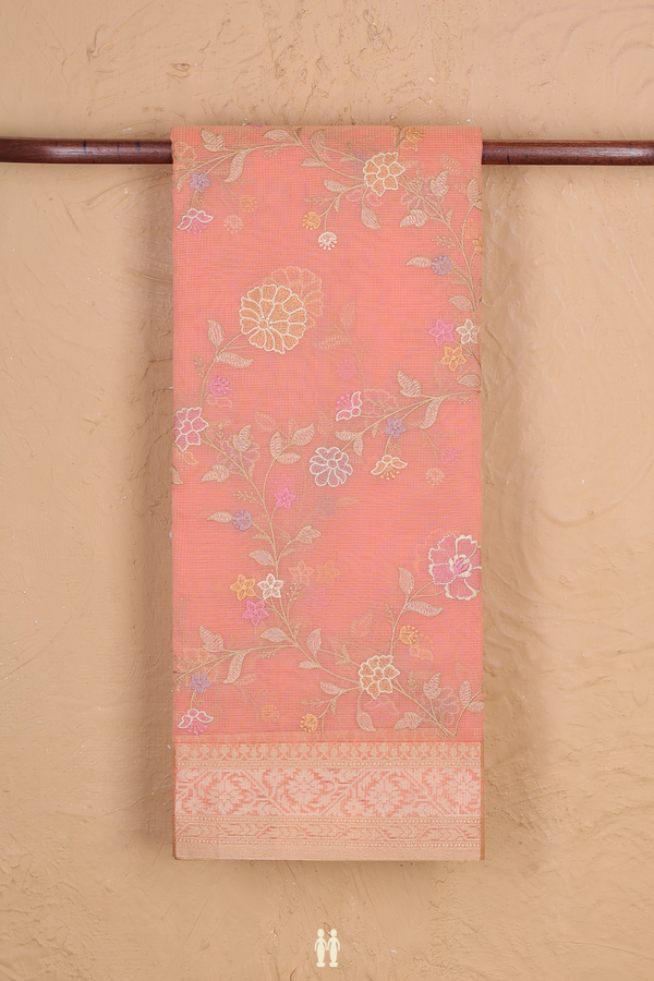 Kota Cotton Saree In Peach Pink With Floral Design