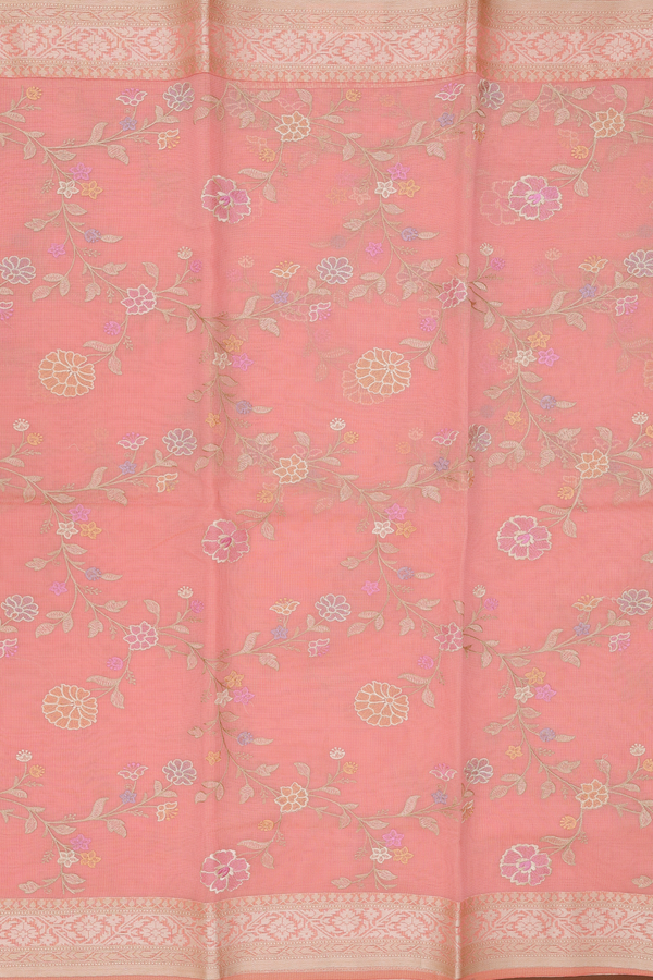 Kota Cotton Saree In Peach Pink With Floral Design