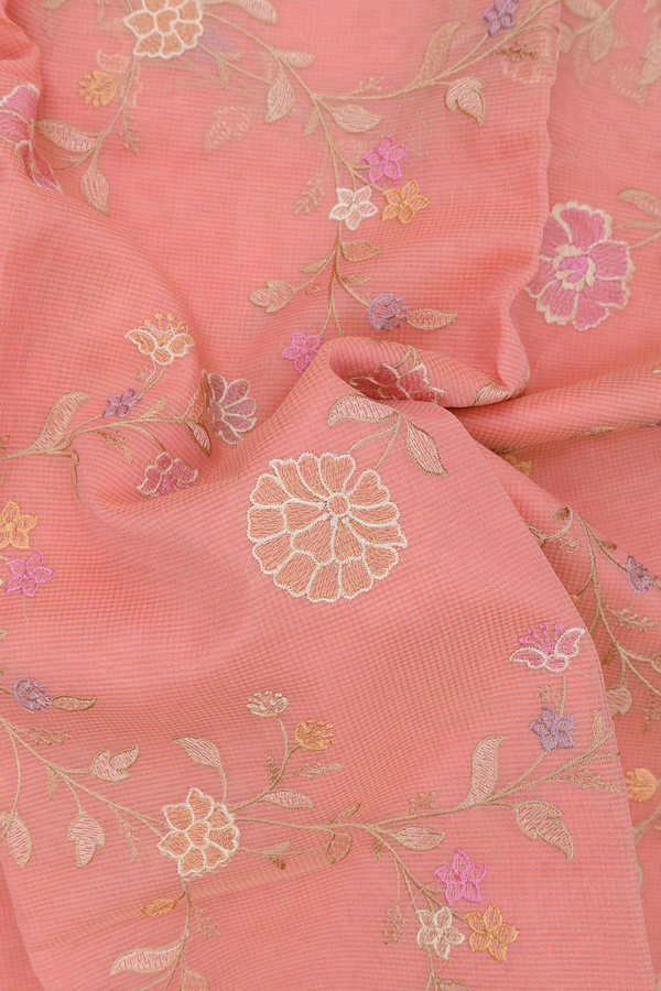Kota Cotton Saree In Peach Pink With Floral Design