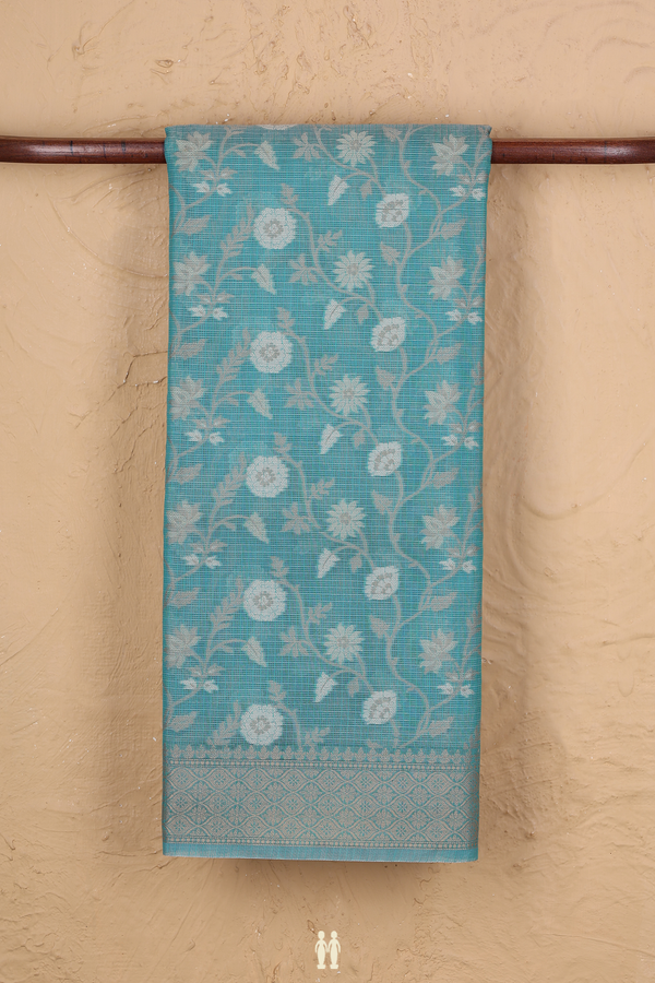 Kota Cotton Saree In Turkish Blue With Floral Design