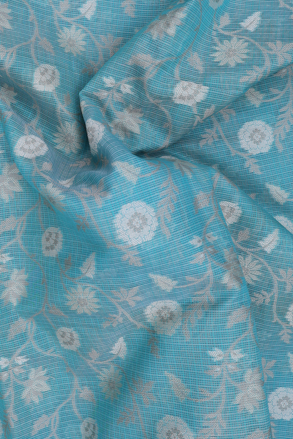 Kota Cotton Saree In Turkish Blue With Floral Design