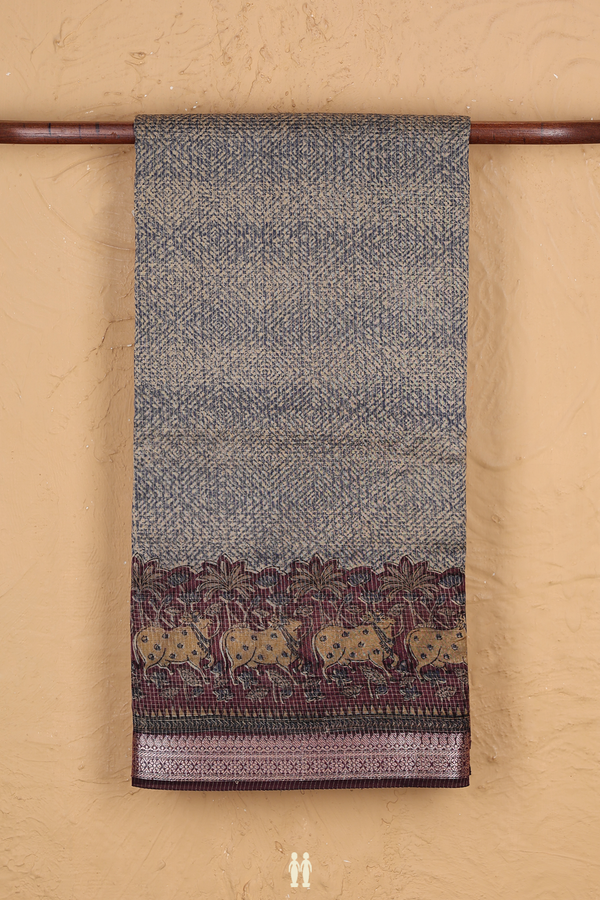Chanderi Cotton Saree In Blue And Cream With Diamond Design