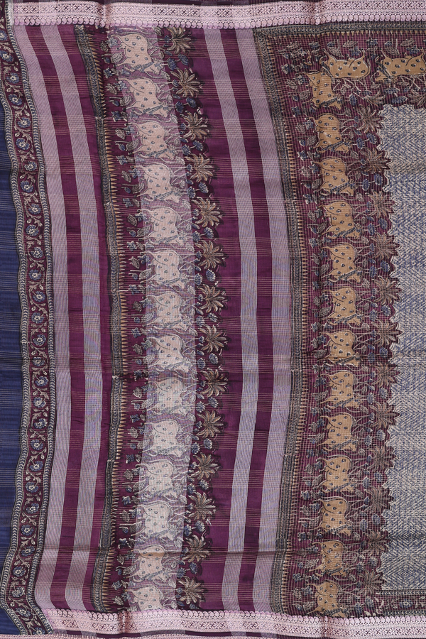 Chanderi Cotton Saree In Blue And Cream With Diamond Design