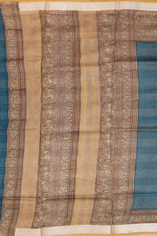 Chanderi Cotton Saree In Pine Green With Stripes Design