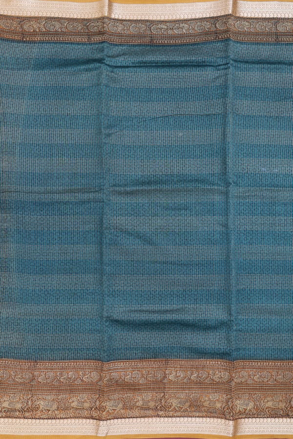 Chanderi Cotton Saree In Pine Green With Stripes Design