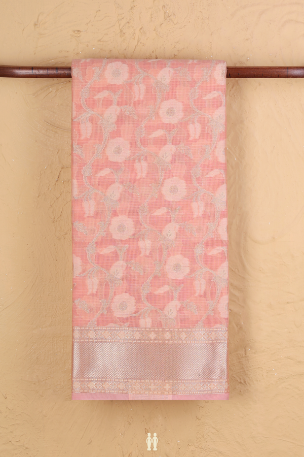 Kota Cotton Saree In Peach Pink With Floral Design