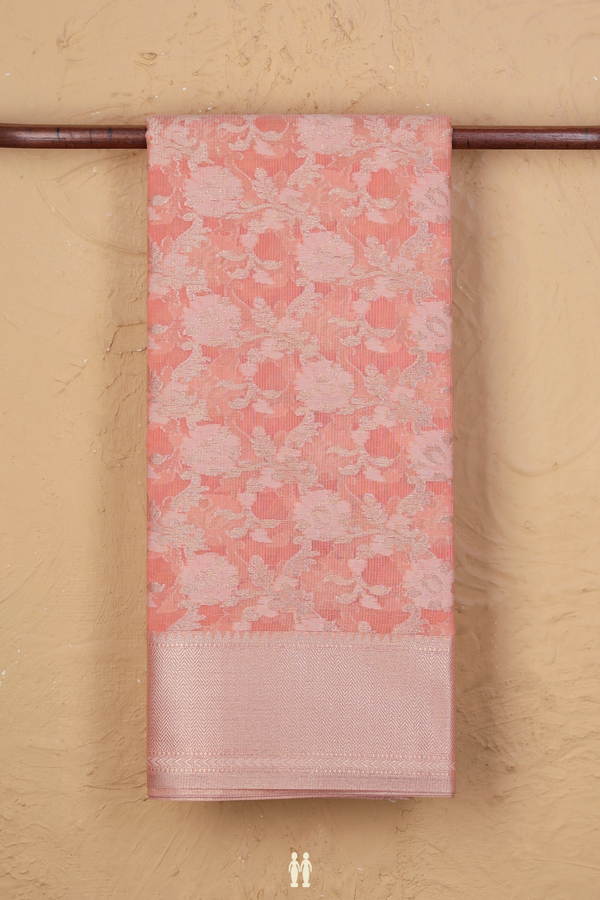 Kota Cotton Saree In Peach With Floral Design