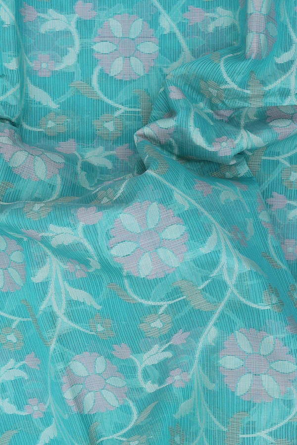 Kota Cotton Saree In Turkish Green With Floral Design
