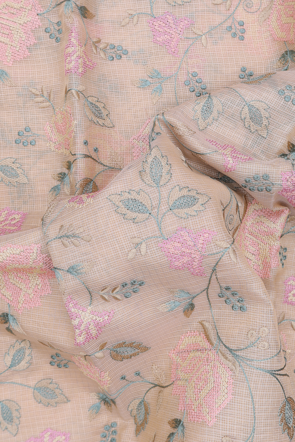 Kota Cotton Saree In Light Yellow With Floral Design